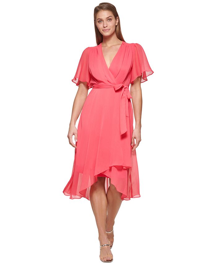 DKNY Flutter-Sleeve Faux-Wrap Dress - Macy's