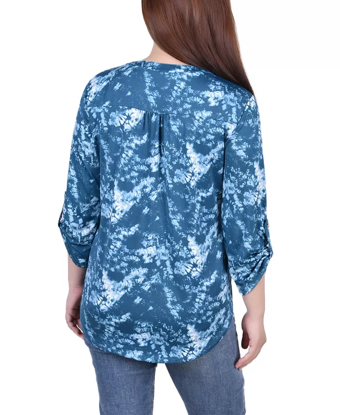 Women's Knit Jacquard 3/4 Sleeve Roll Tab Top - thumbnail 2