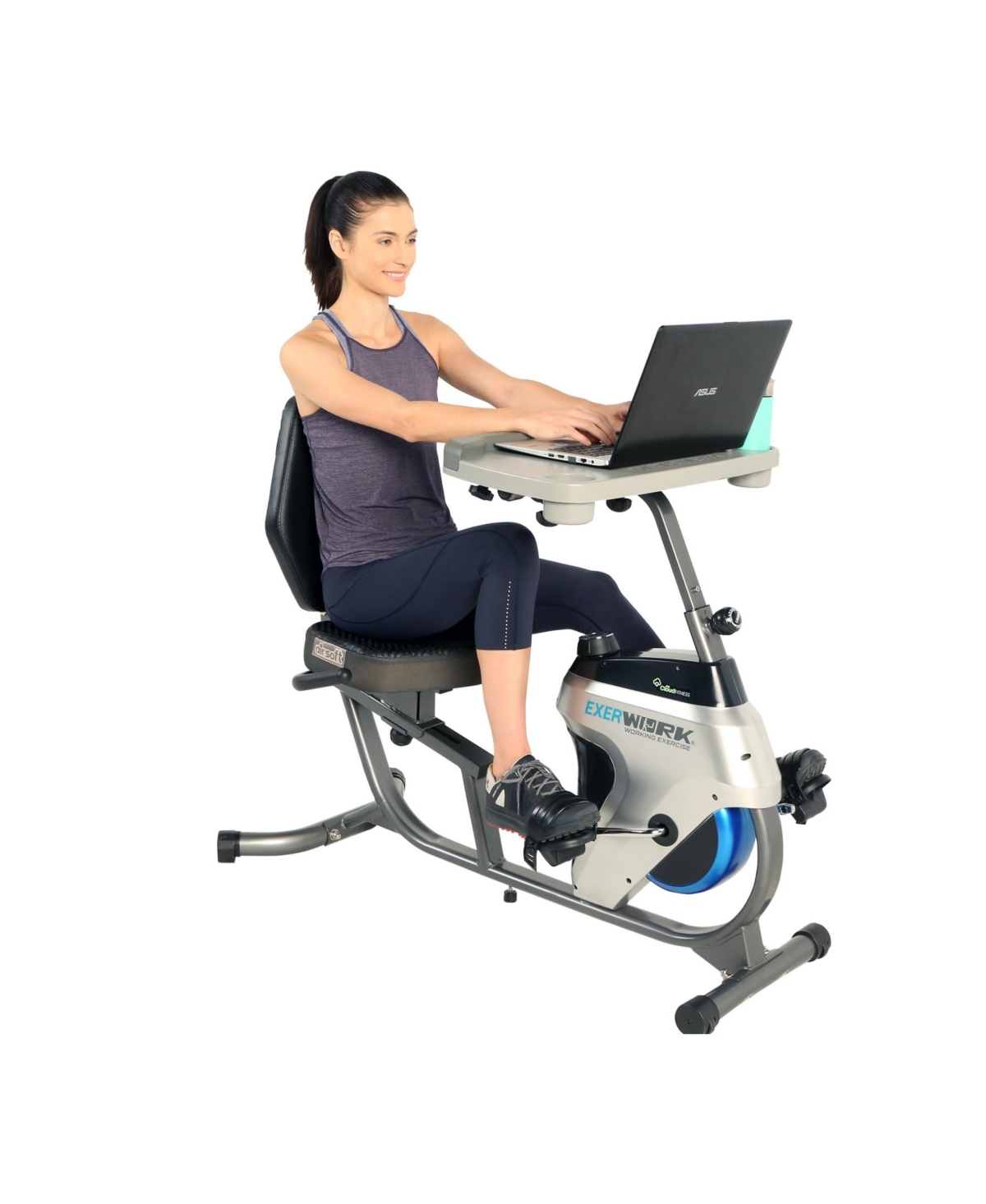 EXERPEUTIC 2500 ExerWork Bluetooth Smart Cloud Fitness Adjustable Desk Recumbent Bike with AIRSOFT Seat and Free APP (Box 1/2 ONLY)