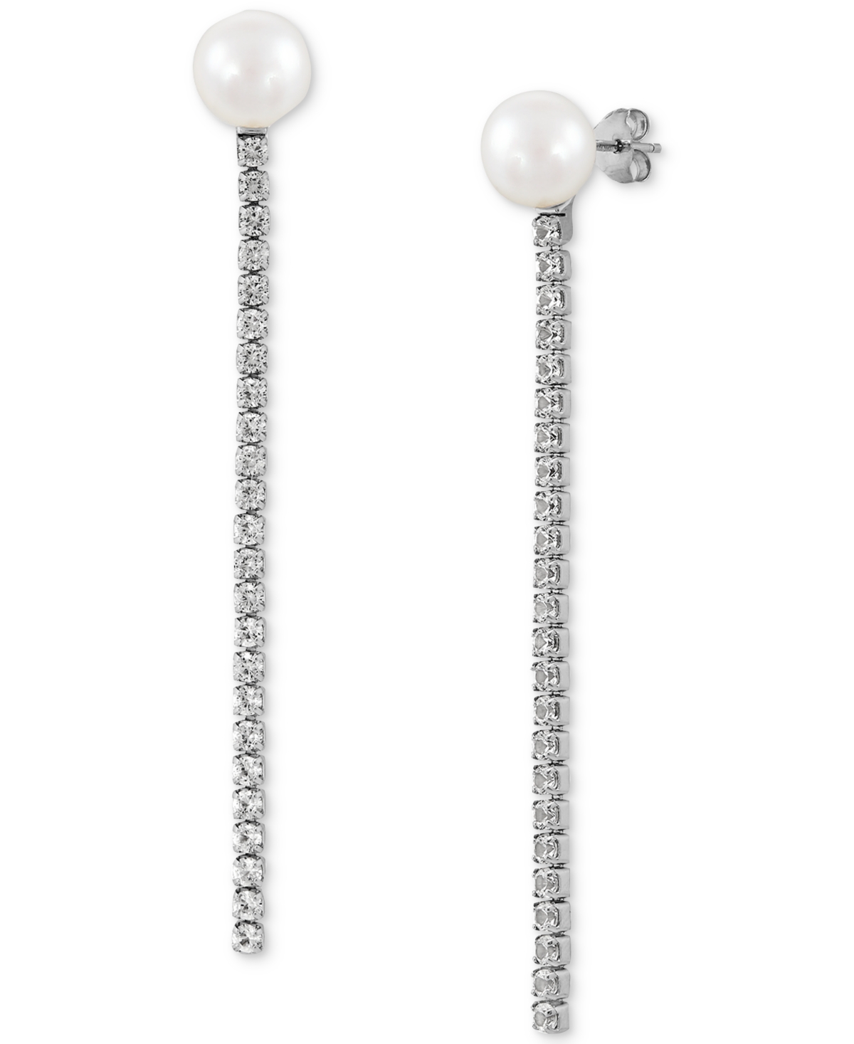 Arabella Cultured Freshwater Pearl (8mm) & Cubic Zirconia Linear Drop Earrings in Sterling Silver