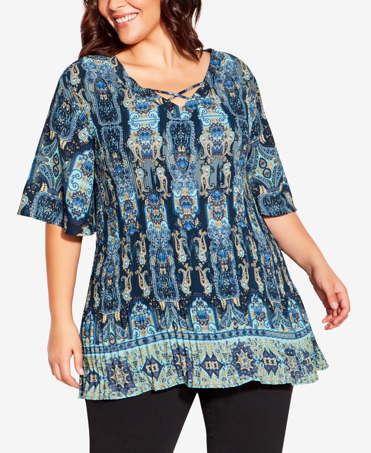 Avenue Plus Size Fairville Pleated Tunic Top In Paisley Plunge Border ...
