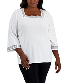 Plus Size Cotton Studded Square-Neck Top, Created for Macy's
