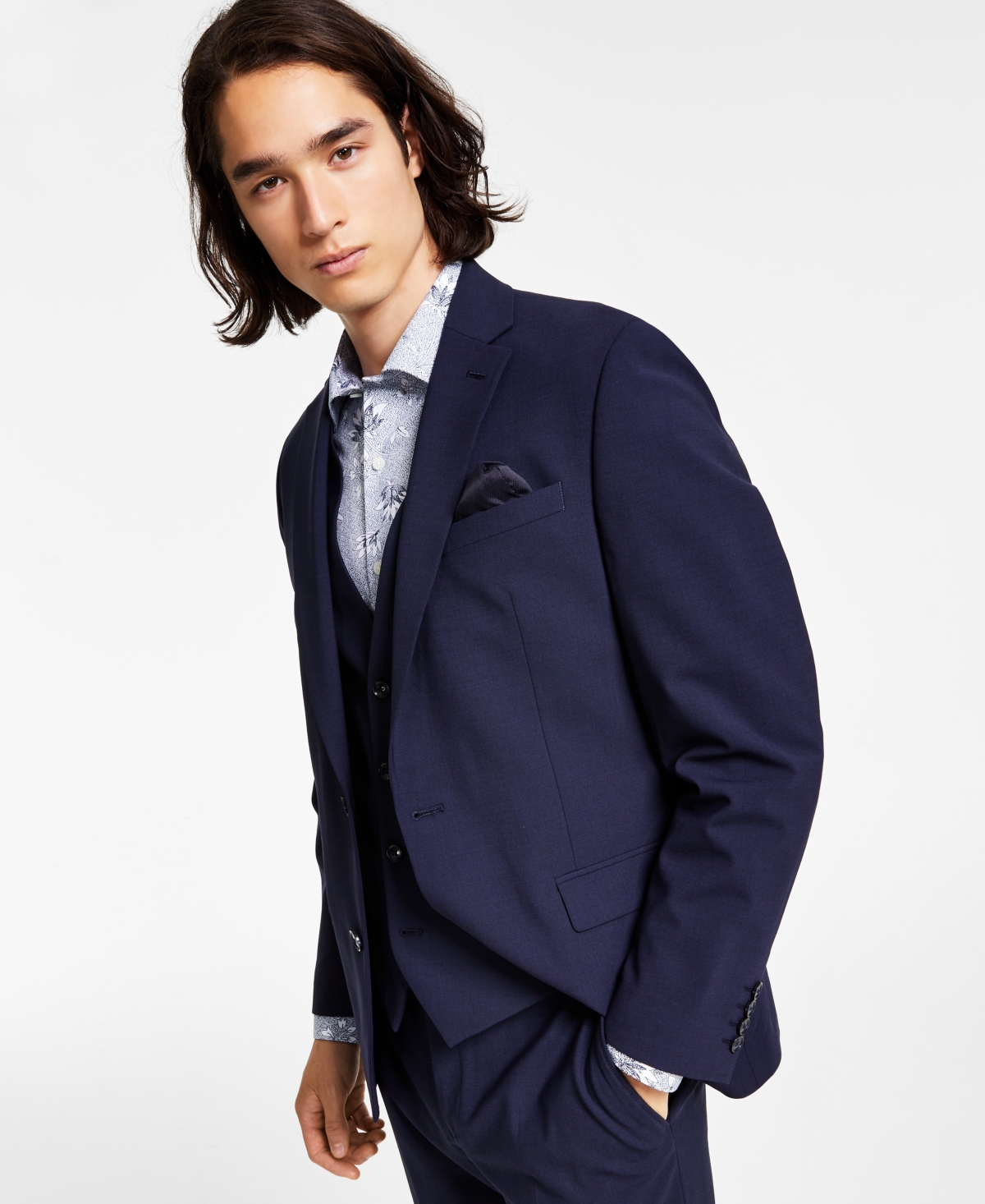 Men's Slim-Fit Wool Suit Jacket, Created for Macy's - Navy Plaid