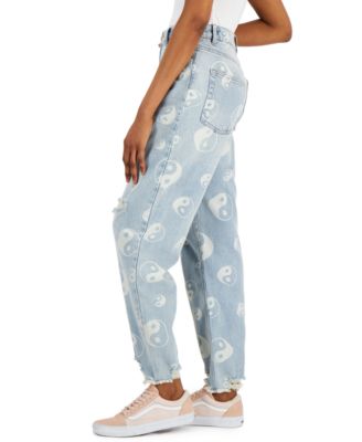 Tinseltown Juniors' Distressed Ying-Yang-Print Mom Jeans
