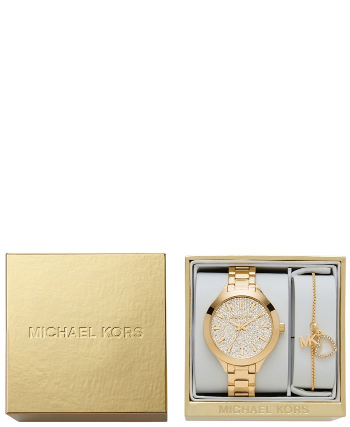 Michael Kors Women\'s Slim Runway Steel Bracelet Gold-Tone Stainless Watch - 38mm, 2-Piece Set Macy\'s