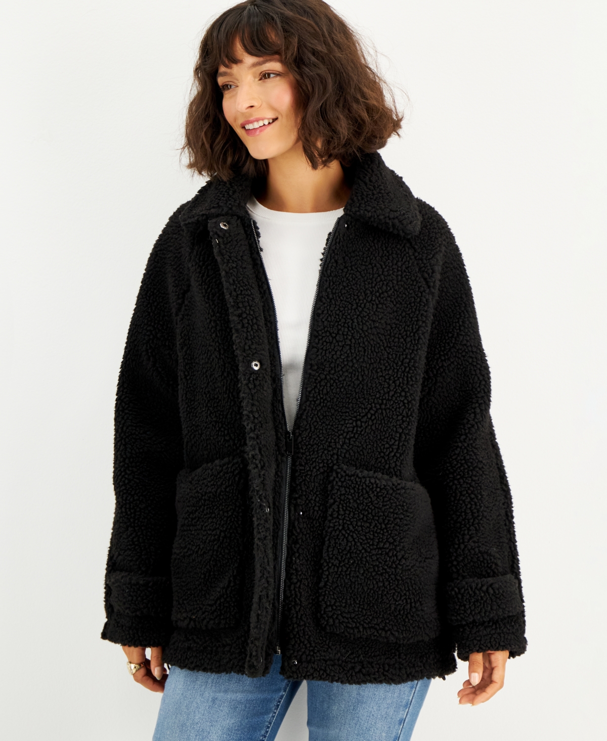 Juniors' Collared Zip-Front Fleece Coat - Black