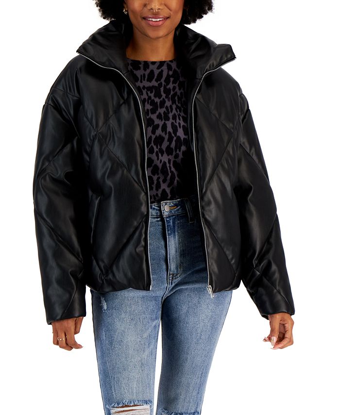 Juniors' Quilted FauxLeather Puffer Coat & Reviews Coats