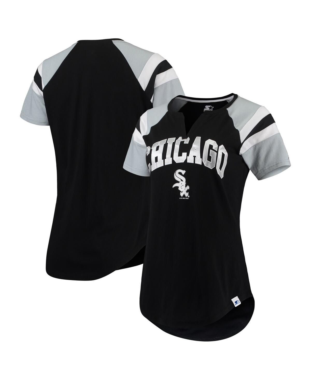Shop Starter Women's  Black, Silver Chicago White Sox Game On Notch Neck Raglan T-shirt In Black,silver