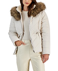 Juniors' Faux-Fur-Trim Hooded Puffer Coat