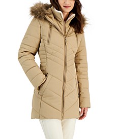 Juniors' Bibbed Faux-Fur-Trim Hooded Puffer Coat, Created for Macy's