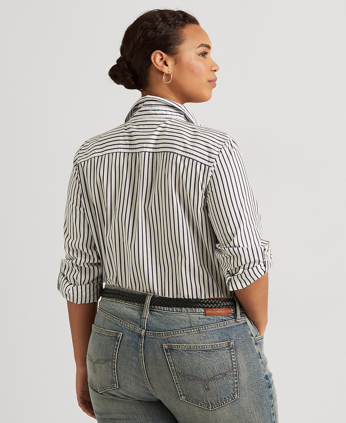 Lauren Ralph Lauren Plus Size Stripe Roll Tab Button-Down Shirt -Blue