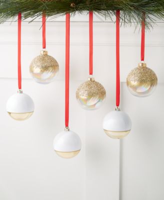 Holiday Lane - Shine Bright 6-Pc. Gold-Tone and White Set of Ball Ornaments with a Decorated Finish