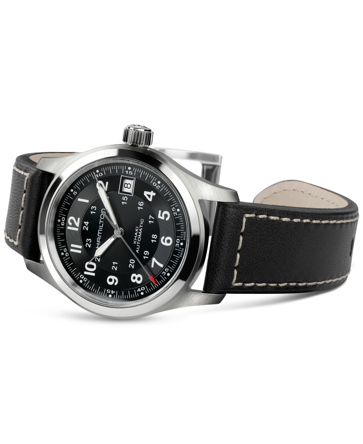 Shop Hamilton Men's Swiss Automatic Khaki Field Black Leather Strap Watch 38mm In No Color