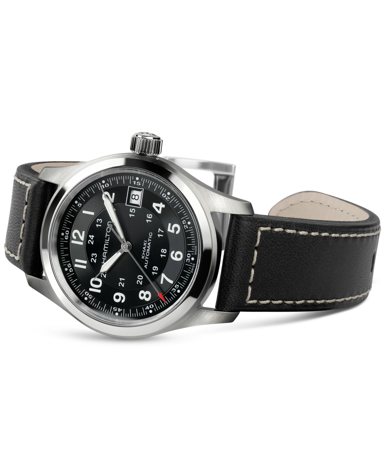 Men's Swiss Automatic Khaki Field Black Leather Strap Watch 38mm