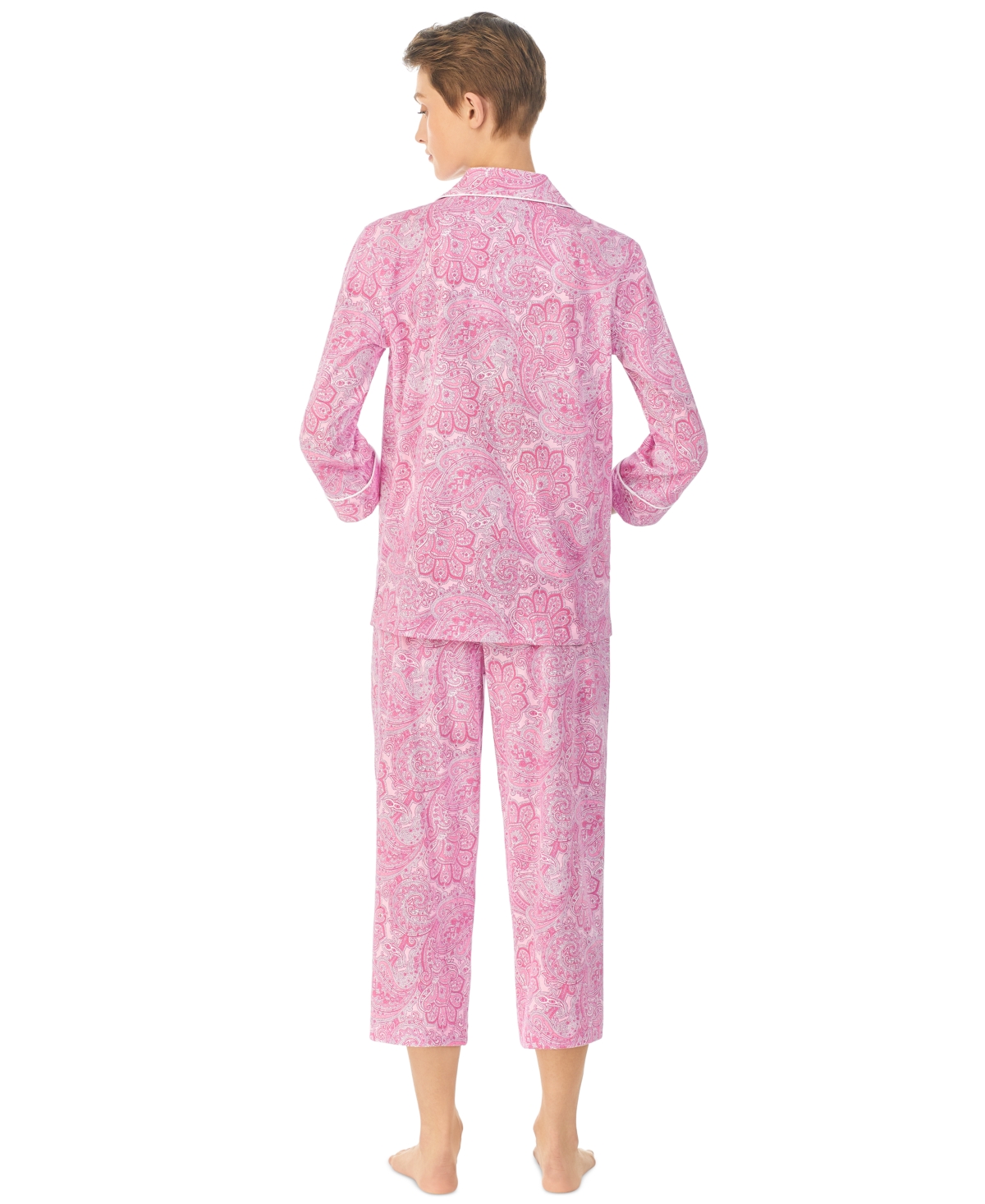 Shop Ralph Lauren Womens 3/4 Sleeve Cotton Notch Collar Capri Pant Pajama Set In 3,4 Capri Pj