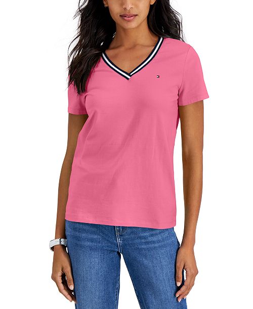 alfani Tommy Hilfiger Women's Striped V-Neck Short-Sleeve T-Shirt Women's Fashion Shoes & Accessories