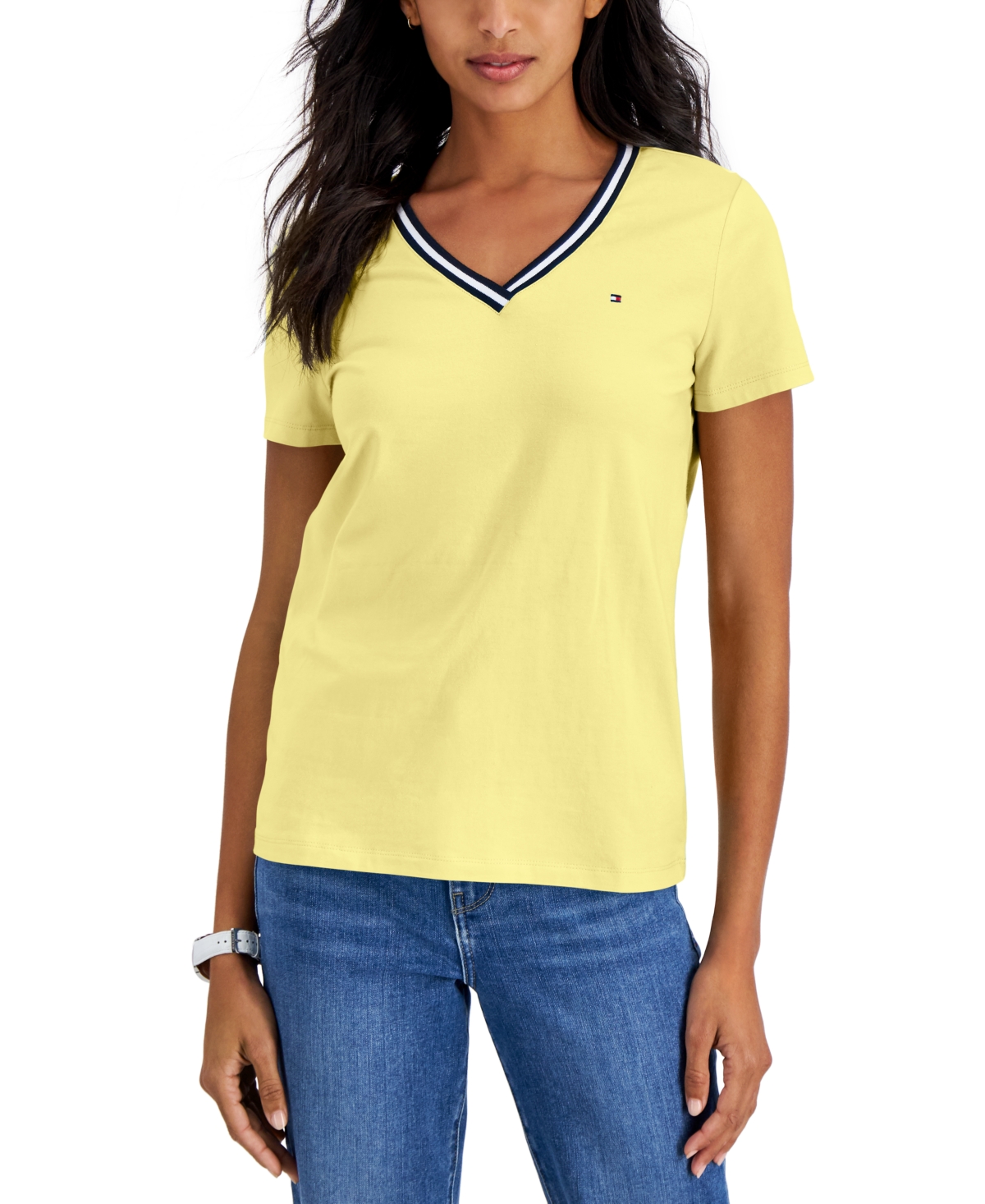 Women's Striped V-Neck Short-Sleeve T-Shirt - Bubblegum