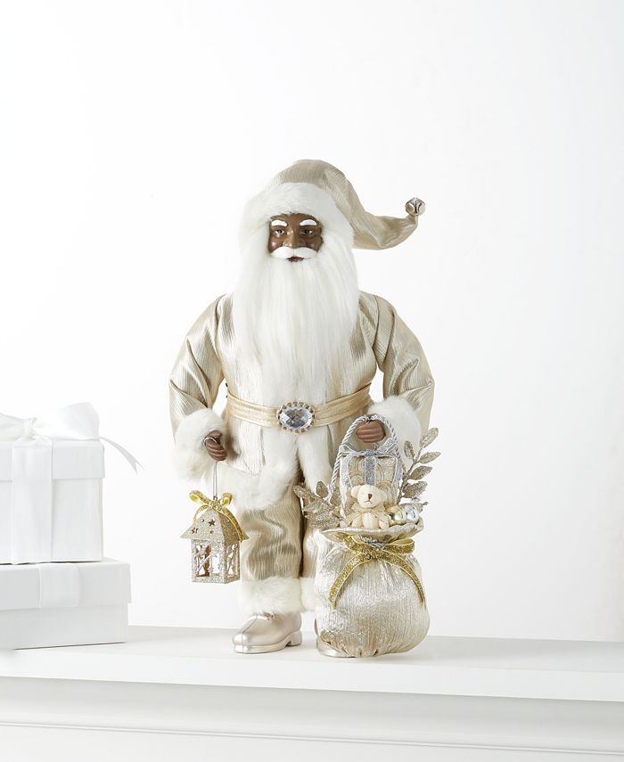 Holiday Lane - Santas 18"H Fabric Standing African-American Santa with Lantern and Gift Bag