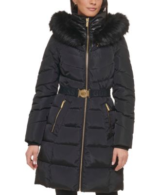 GUESS Women's Belted Faux-Fur-Collar Hooded Puffer Coat - Macy's