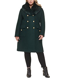 Women's Plus Size Double-Breasted Faux-Fur-Collar Coat