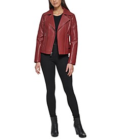 Women's Quilted-Sleeve Leather Moto Coat