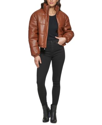 faux leather puffer jacket with hood