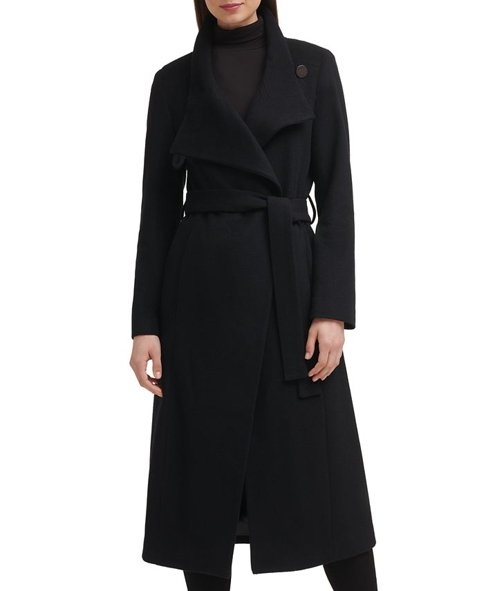 Belted Coat with Criss Cross Collar Black Technical Fabric with Crinkled  Effect
