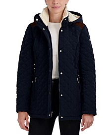 Petite Faux-Fur-Lined Hooded Quilted Coat