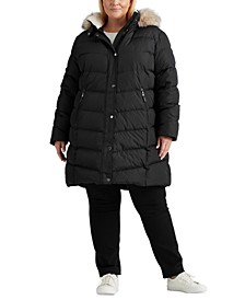 Women's Plus Size Faux-Fur-Trim Hooded Down Puffer Coat, Created for Macy's