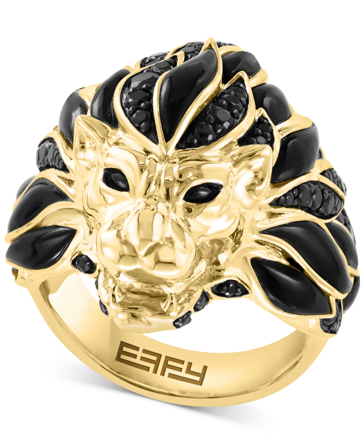 Shop Effy Collection Effy Men's Black Spinel & Enamel Lion Ring In 14k Gold-plated Sterling Silver In Gold Over Silver