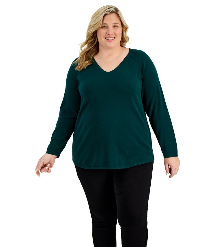 Karen Scott Plus Size Cotton VNeck CurvedHem Sweater, Created for
