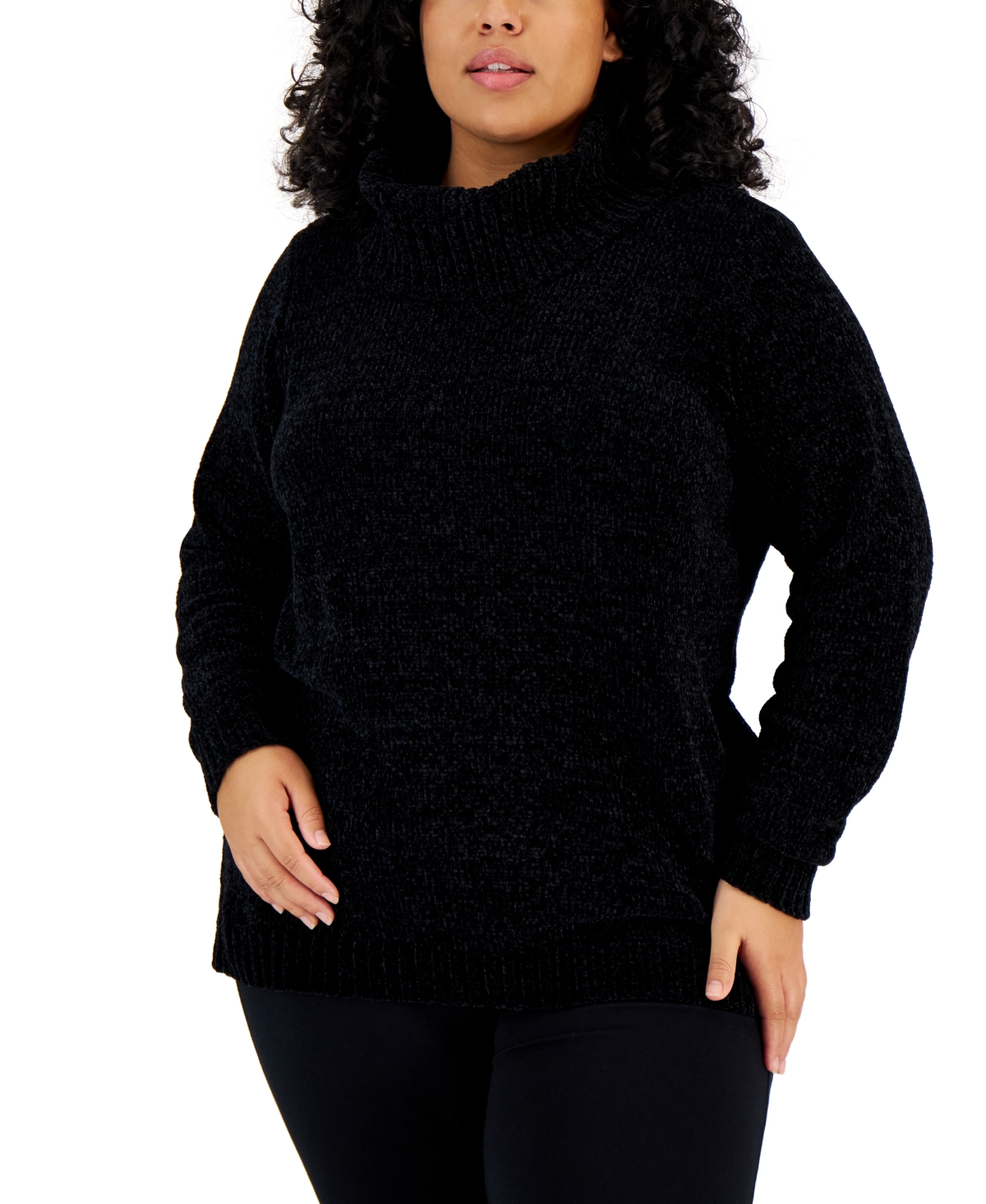 Plus Size Chenille Cowlneck Sweater, Created for Macy's - Deep Black