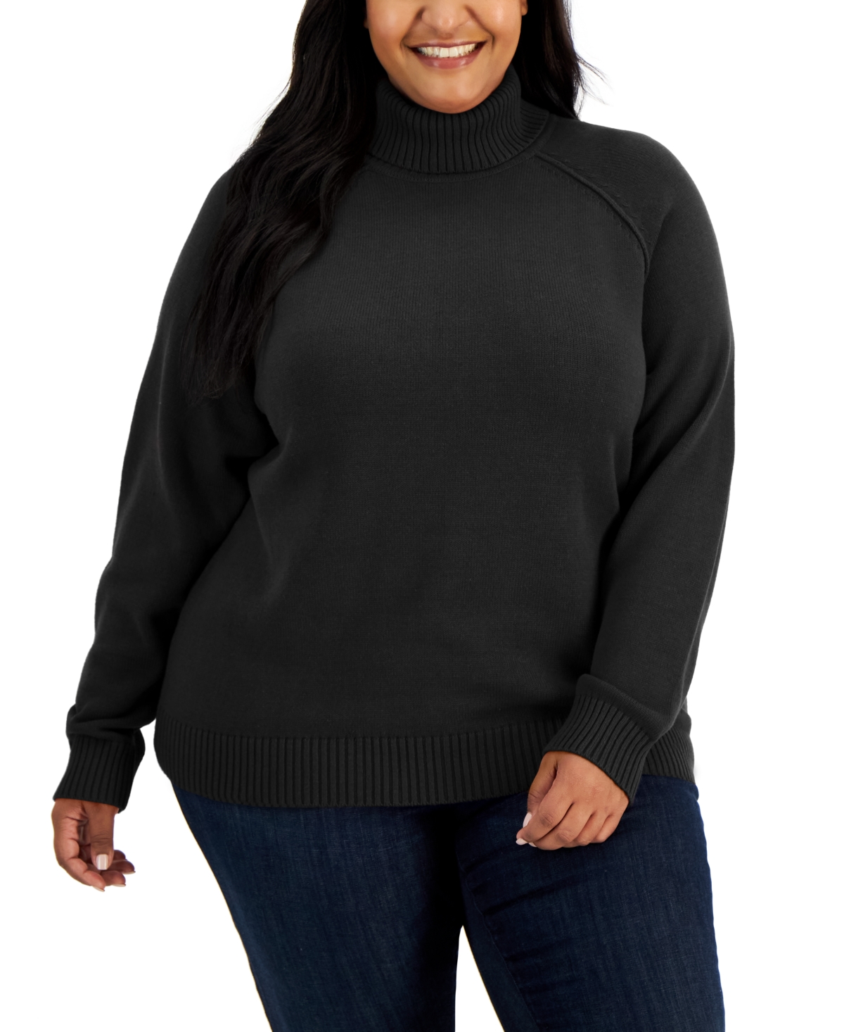 Plus Size Cotton Turtleneck Sweater, Created for Macy's - Deep Black
