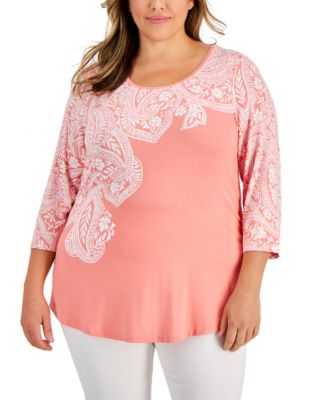 JM Collection - Plus Size Lucia Paisley 3/4-Sleeve Top