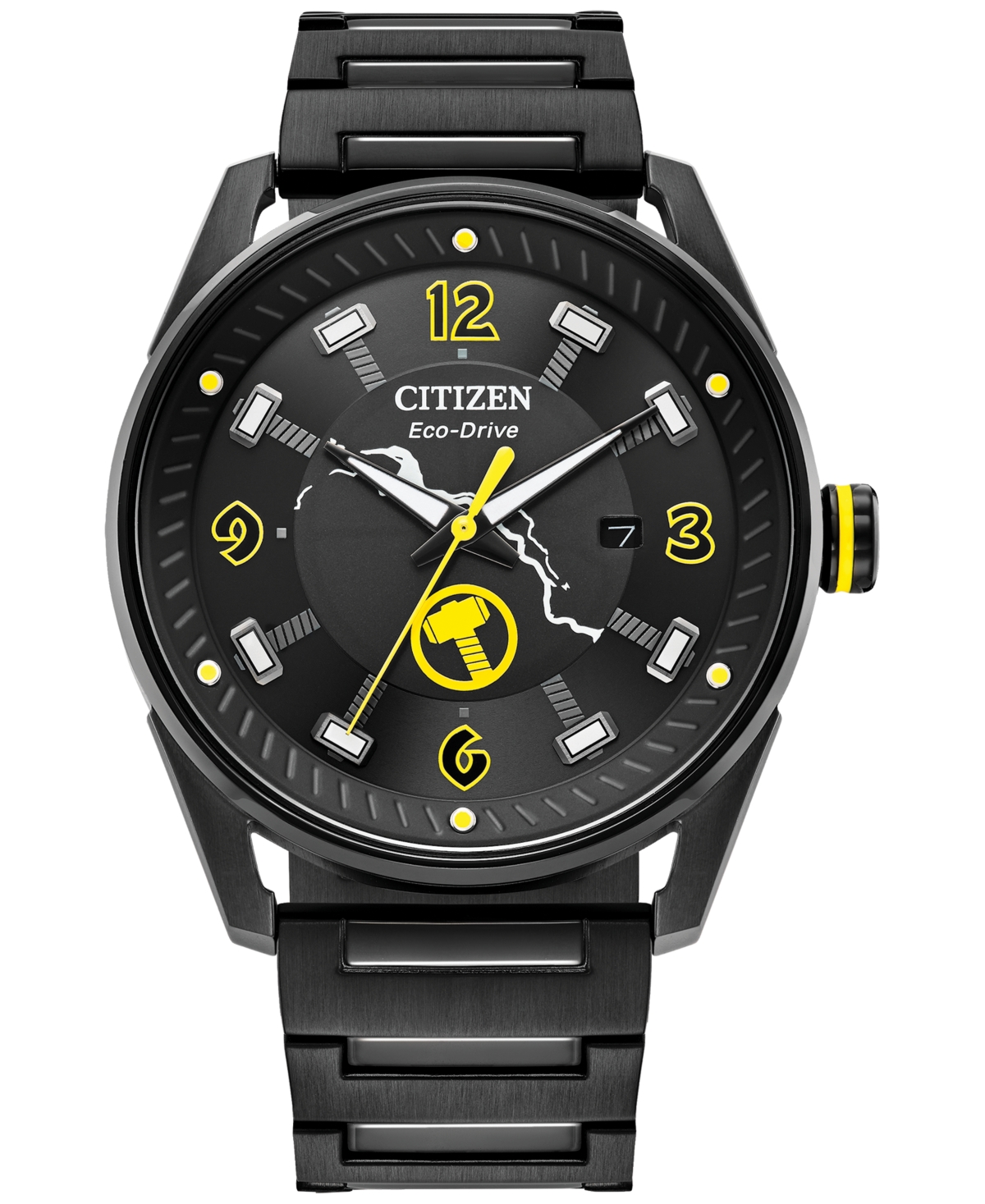 Men's Eco-Drive Marvel Thor Black Ion-Plated Stainless Steel Bracelet Watch 42mm - Black