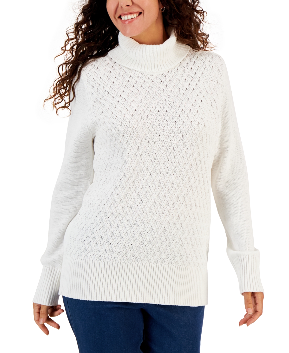 Women's Cable-Knit Turtleneck Cotton Sweater, Created for Macy's - Winter White