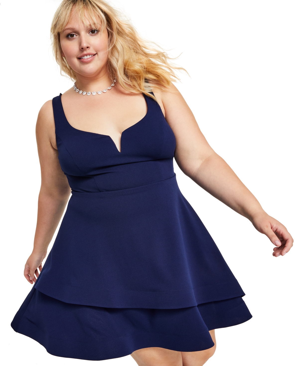 B Darlin Trendy Plus Size Notched-Neck Tiered-Hem Dress