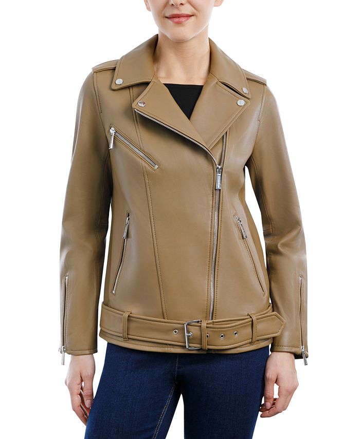 Michael Kors quilted tan leather moto jacket with gold hardware, J