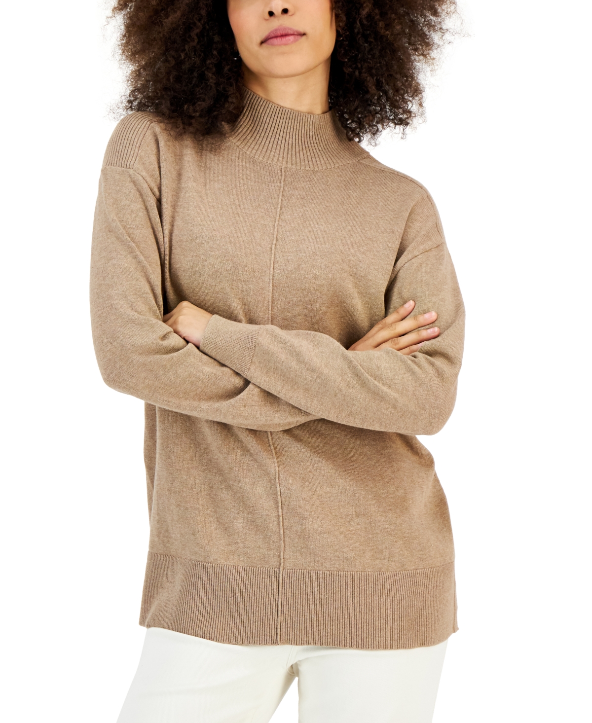 Women's Cotton Seam-Front Mock Neck Sweater, Created for Macy's - Chestnut Heather