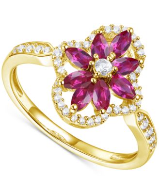Macy's - Lab-Grown Emerald (3/4 ct. t.w.) & Lab-Grown White Sapphire (1/3 ct. t.w.) Flower Halo Ring in 14k Gold-Plated Sterling Silver (Also in Lab-Grown Ruby & Lab-Grown Sapphire)