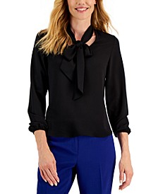 Women's Long Sleeve Bow Blouse, Regular and Petite Sizes