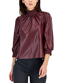 Women's Faux-Leather Smocked-Neck Top, Created for Macy's