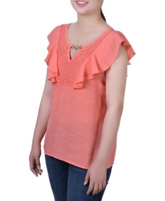 Petite Sleeveless Flutter Yoke Blouse