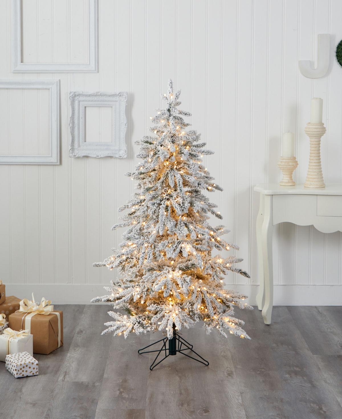 Flocked Colorado Mountain Fir Artificial Christmas Tree with Lights with and Bendable Branches,