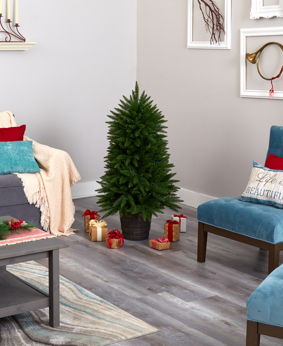 Sierra Fir Artificial Christmas Tree with Lights and Bendable Branches in Decorative Container,