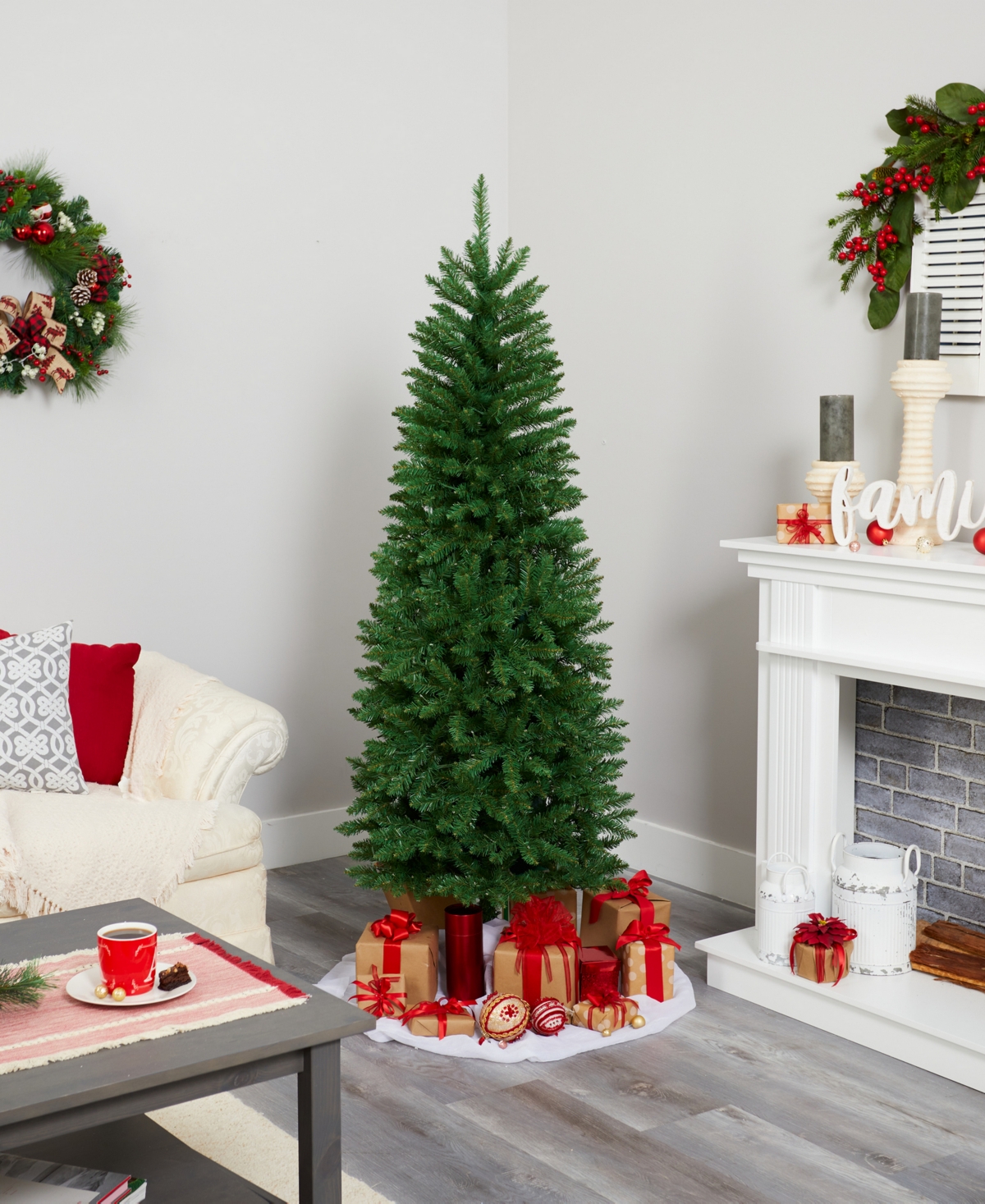 SlimMountain Pine Artificial Christmas Tree with Lights, - Green
