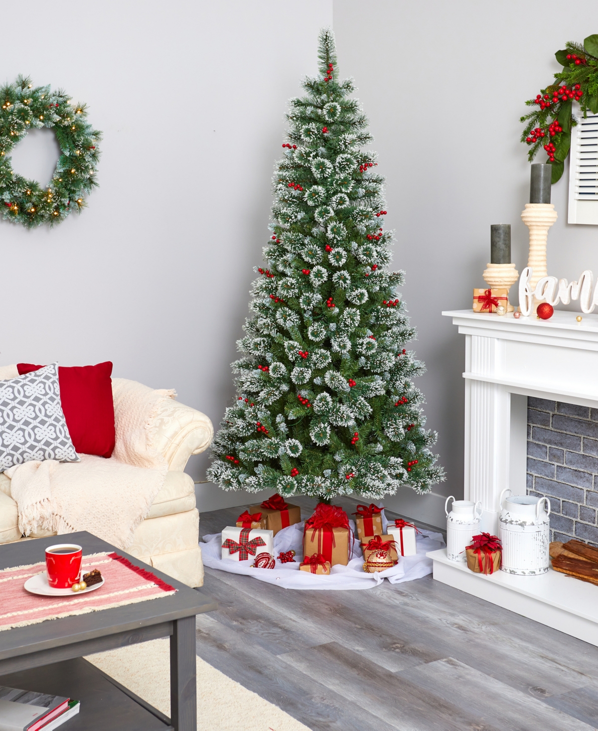 Frosted Swiss Pine Artificial Christmas Tree with Lights and Berries,