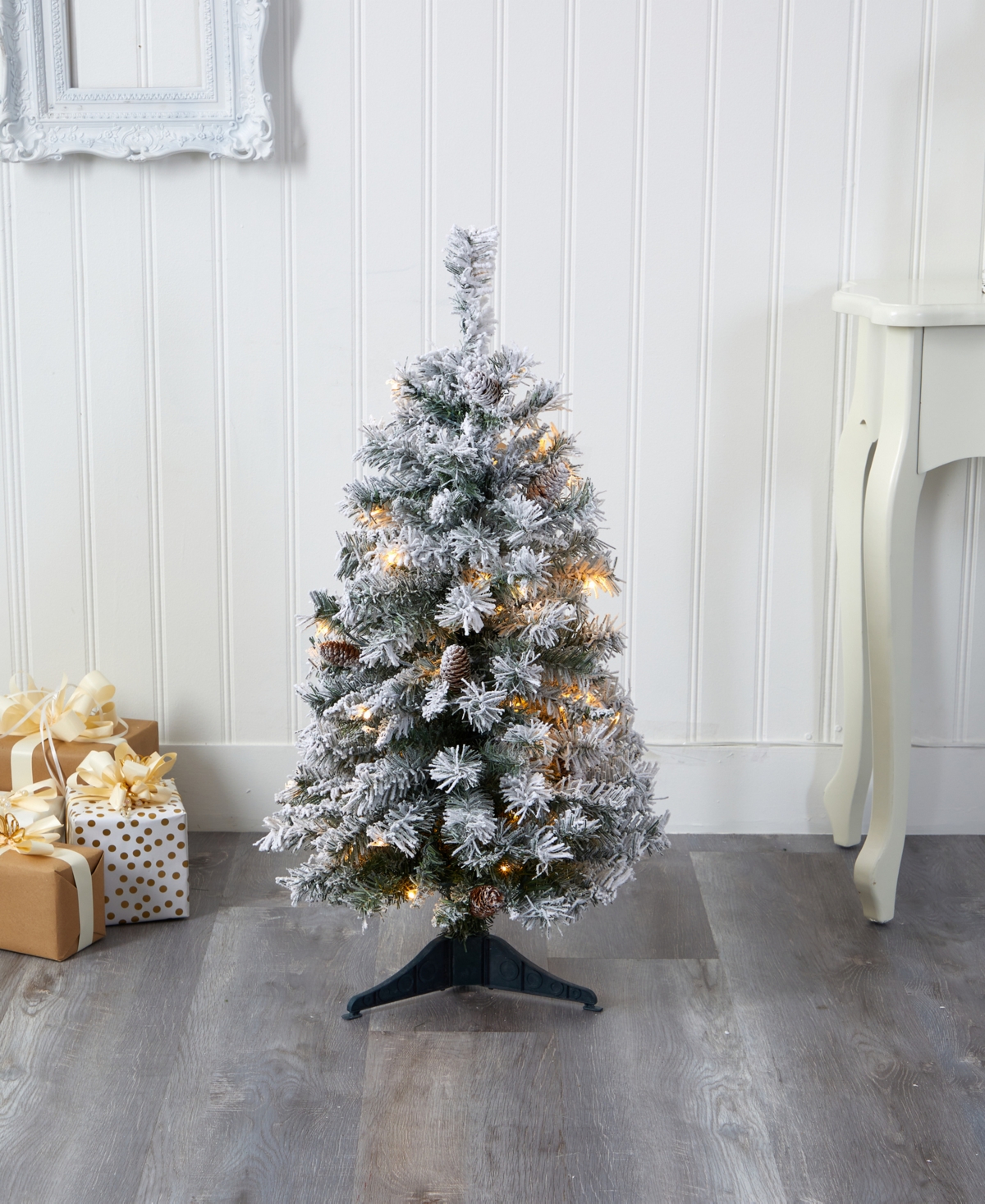 Flocked White River Mountain Pine Artificial Christmas Tree with Pinecones and Lights,