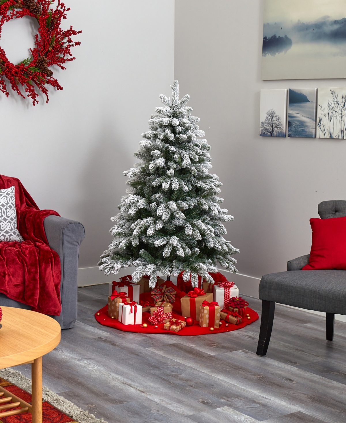 Flocked South Carolina Spruce Artificial Christmas Tree with Lights and Bendable Branches,