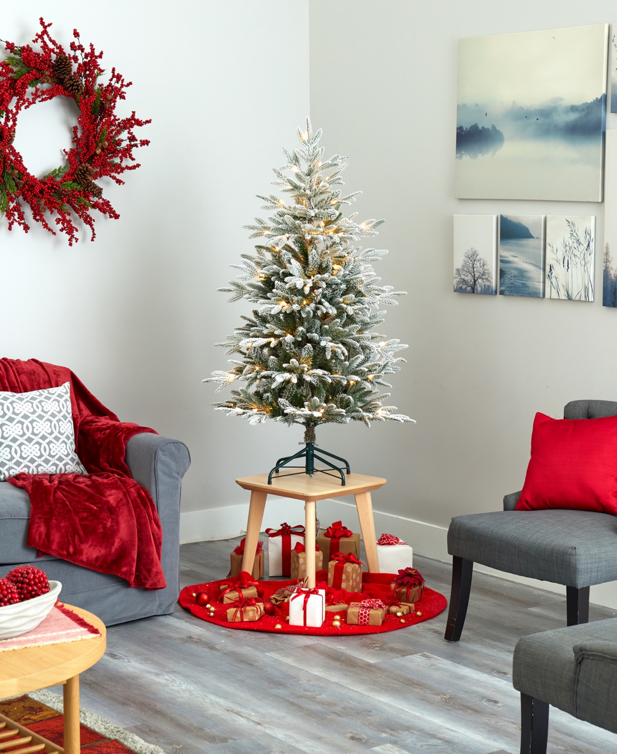 Flocked Manchester Spruce Artificial Christmas Tree with Lights and Bendable Branches,